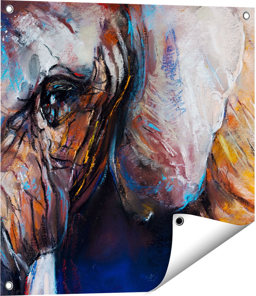 Gards Tuinposter Getekende Olifant van Dichtbij - Abstract - 60x60 cm - Tuindoek - Tuindecoratie - Wanddecoratie buiten - Tuinschilderij Multikleur