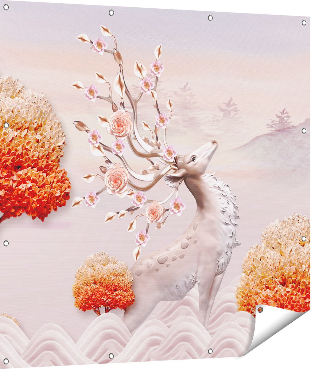 Gards Tuinposter 3D Illustratie Hert - Abstract - 110x110 cm - Tuindoek - Tuindecoratie - Wanddecoratie buiten - Tuinschilderij Multikleur