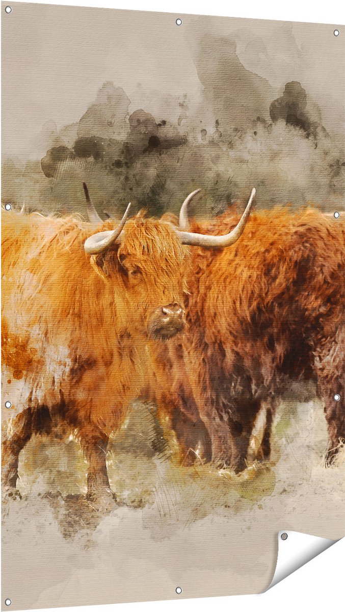 Gards Tuinposter Twee Schotse Hooglander Koeien - Abstract - 100x150 cm - Tuindoek - Tuindecoratie - Wanddecoratie buiten - Tuinschilderij Multikleur