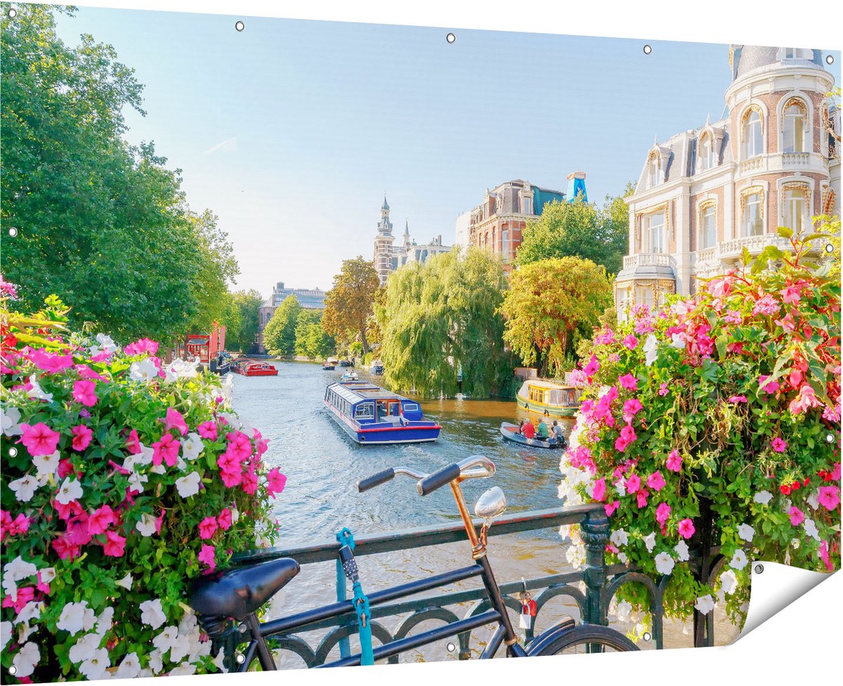 Gards Tuinposter Amsterdamse Kanaal met Bloemen - 180x120 cm - Tuindoek - Tuindecoratie - Wanddecoratie buiten - Tuinschilderij Multikleur