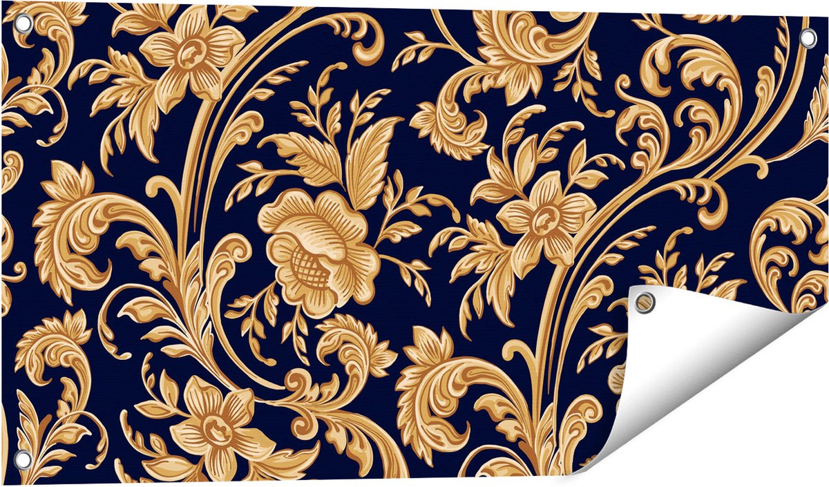 Gards Tuinposter Decoratieve Gouden Bloemen Achtergrond - 80x40 cm - Tuindoek - Tuindecoratie - Wanddecoratie buiten - Tuinschilderij Multikleur