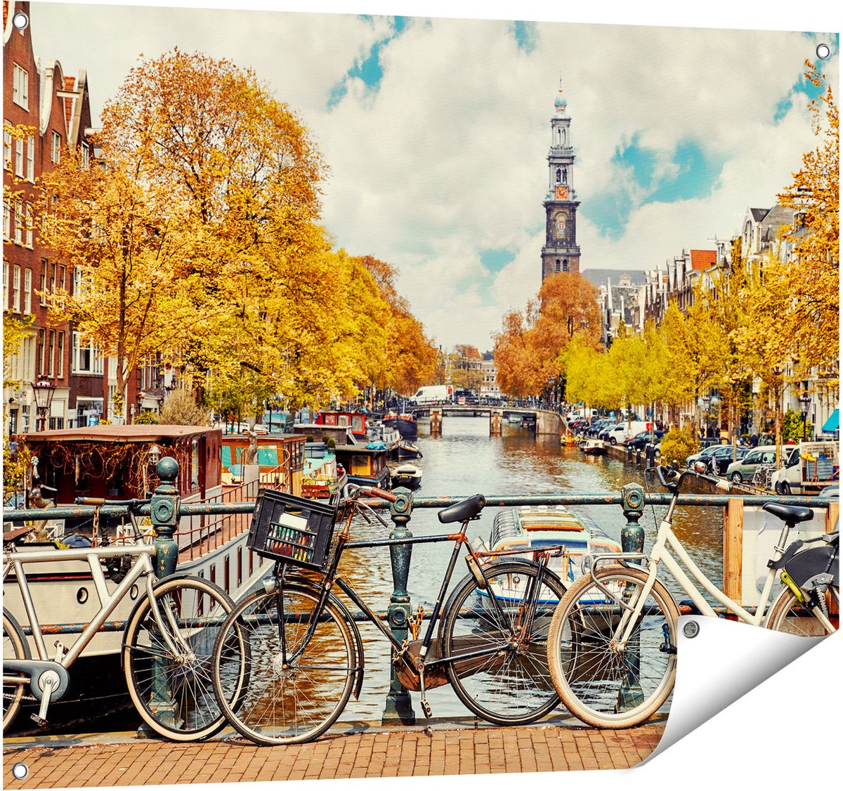 Gards Tuinposter Amsterdamse Brug bij een Brug met Fietsen - 100x80 cm - Tuindoek - Tuindecoratie - Wanddecoratie buiten - Tuinschilderij Multikleur