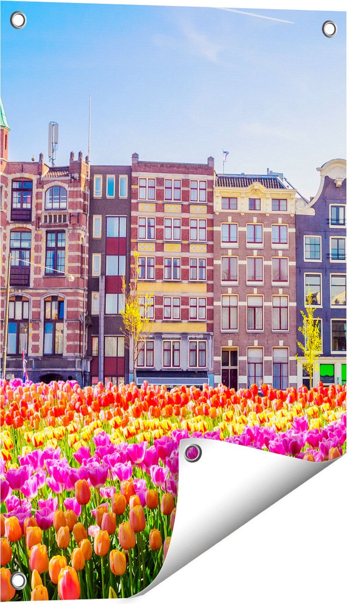 Gards Tuinposter Amsterdamse Huisjes met Tulpen - Kleur - 40x60 cm - Tuindoek - Tuindecoratie - Wanddecoratie buiten - Tuinschilderij Multikleur