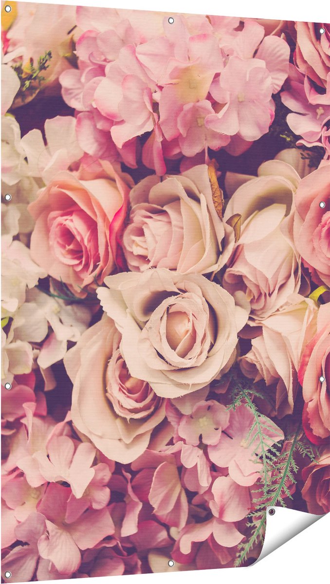 Gards Tuinposter Roze Rozen Achtergrond - Retro - Bloemen - 100x150 cm - Tuindoek - Tuindecoratie - Wanddecoratie buiten - Tuinschilderij Multikleur