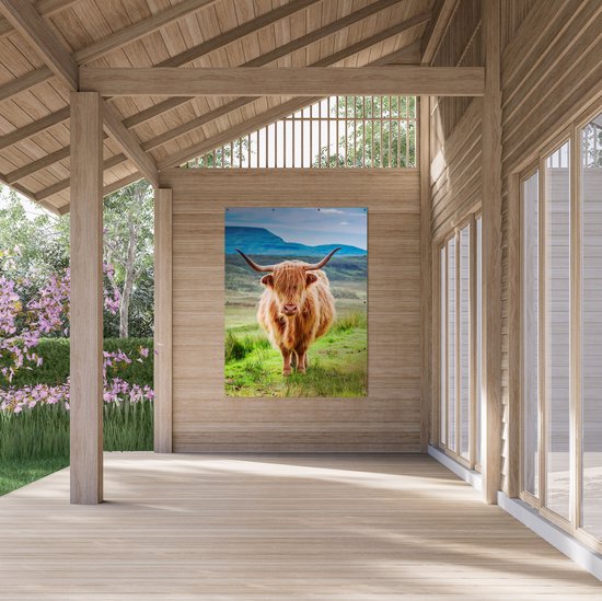 Gards Tuinposter Schotse Hooglander in de Wei - Kleur - 120x160 cm - Tuindoek - Tuindecoratie - Wanddecoratie buiten - Tuinschilderij