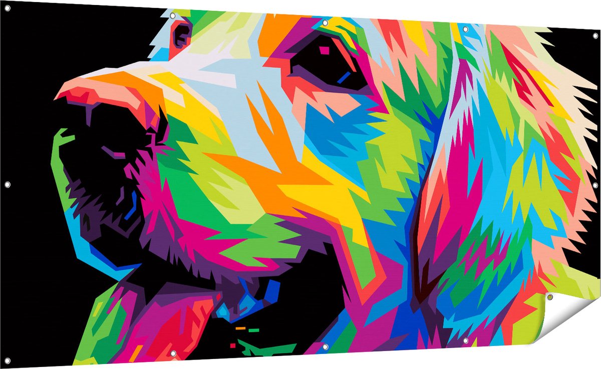 Gards Tuinposter Kleurrijke Hond - Abstract - 200x100 cm - Tuindoek - Tuindecoratie - Wanddecoratie buiten - Tuinschilderij Multikleur