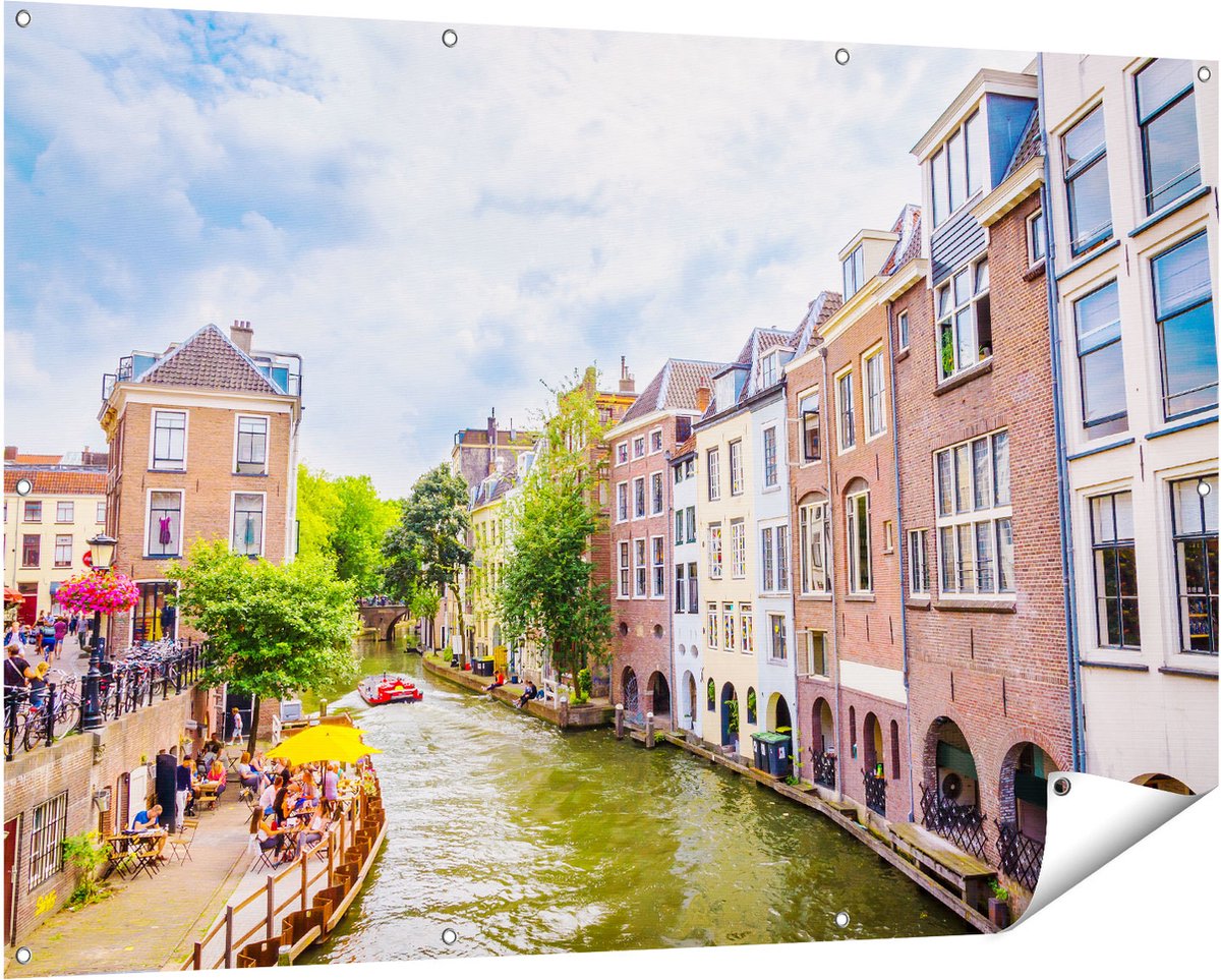 Gards Tuinposter Huizen aan de Oudegracht in Utrecht - 150x100 cm - Tuindoek - Tuindecoratie - Wanddecoratie buiten - Tuinschilderij Multikleur