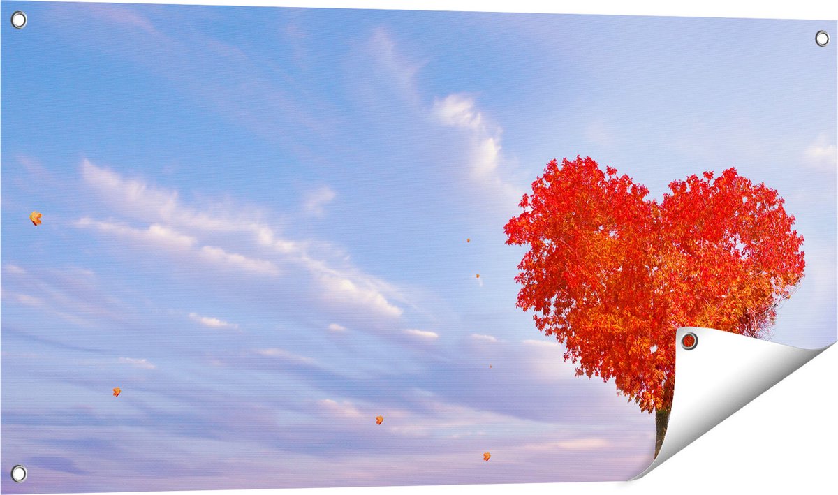 Gards Tuinposter Rode Liefde Boom in een Hart Vorm - 100x50 cm - Tuindoek - Tuindecoratie - Wanddecoratie buiten - Tuinschilderij Multikleur