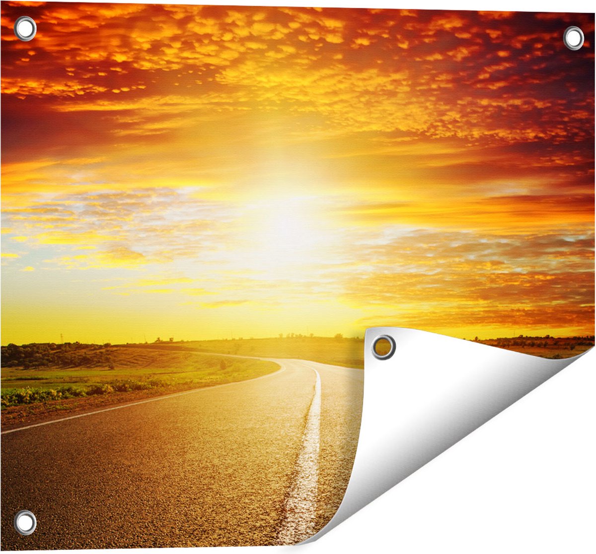 Gards Tuinposter Zonsondergang Over de Weg met een Rode Lucht - 50x40 cm - Tuindoek - Tuindecoratie - Wanddecoratie buiten - Tuinschilderij Multikleur
