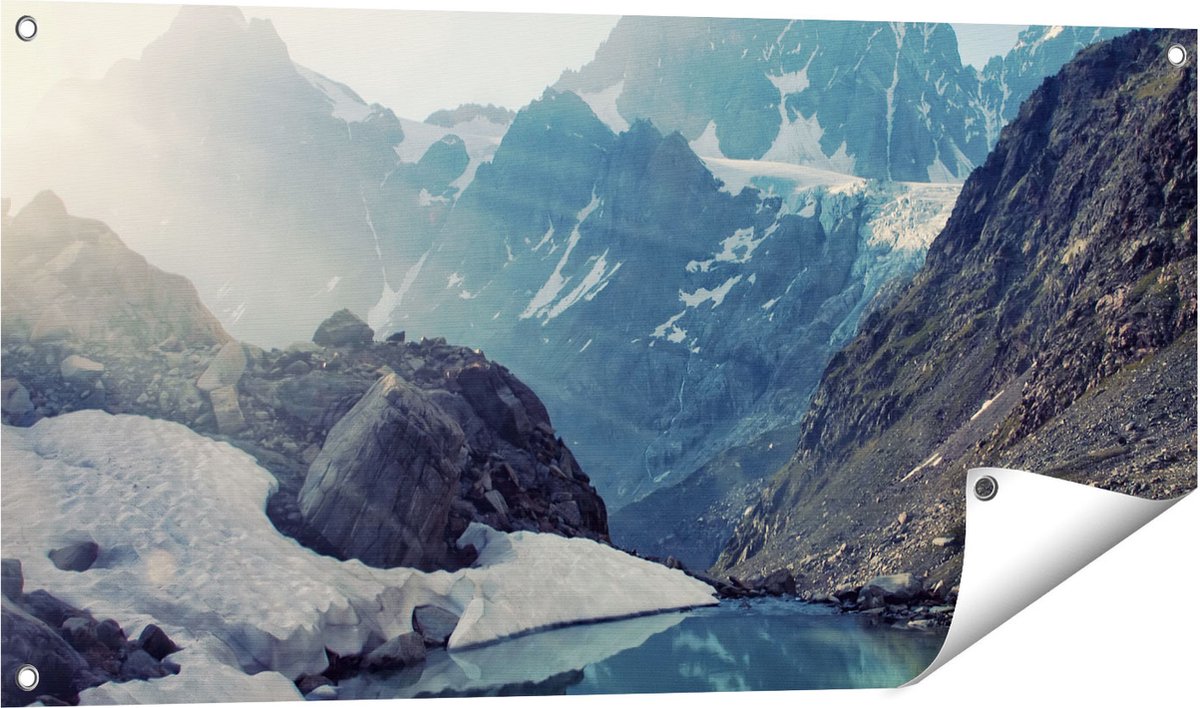 Gards Tuinposter Landschap berg meer - 100x50 cm - Tuindoek - Tuindecoratie - Wanddecoratie buiten - Tuinschilderij Multikleur