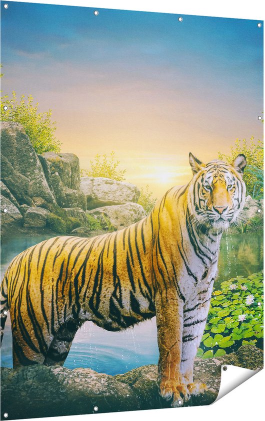 Gards Tuinposter Luipaard in een Vijver bij Zonsondergang - 120x160 cm - Tuindoek - Tuindecoratie - Wanddecoratie buiten - Tuinschilderij