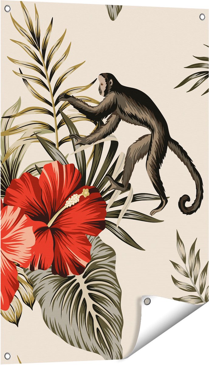 Gards Tuinposter Tropische Bloemen met Apen Achtergrond - 60x90 cm - Tuindoek - Tuindecoratie - Wanddecoratie buiten - Tuinschilderij Multikleur
