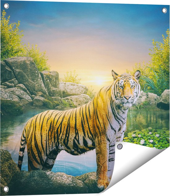 Gards Tuinposter Luipaard in een Vijver bij Zonsondergang - 60x60 cm - Tuindoek - Tuindecoratie - Wanddecoratie buiten - Tuinschilderij