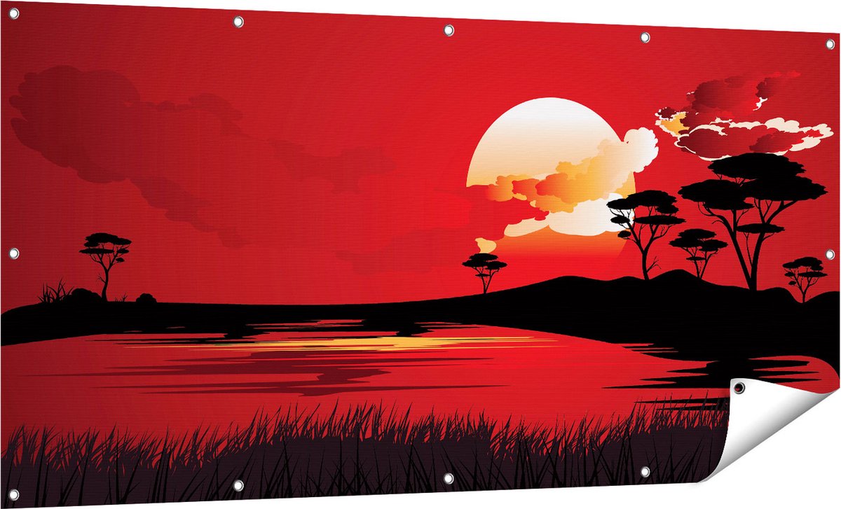 Gards Tuinposter Rode Zonsondergang in de Savanne - Abstract - 160x80 cm - Tuindoek - Tuindecoratie - Wanddecoratie buiten - Tuinschilderij Multikleur