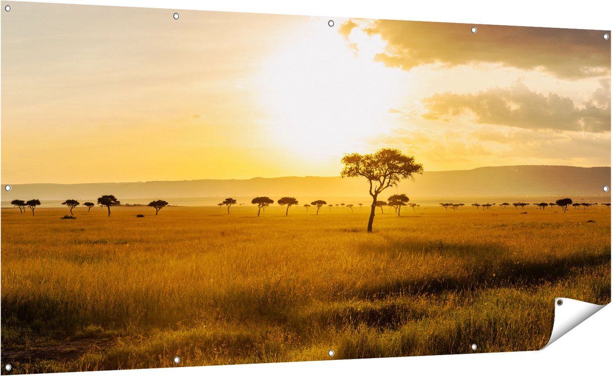 Gards Tuinposter Zonsondergang in de Savanne - 200x100 cm - Tuindoek - Tuindecoratie - Wanddecoratie buiten - Tuinschilderij Multikleur