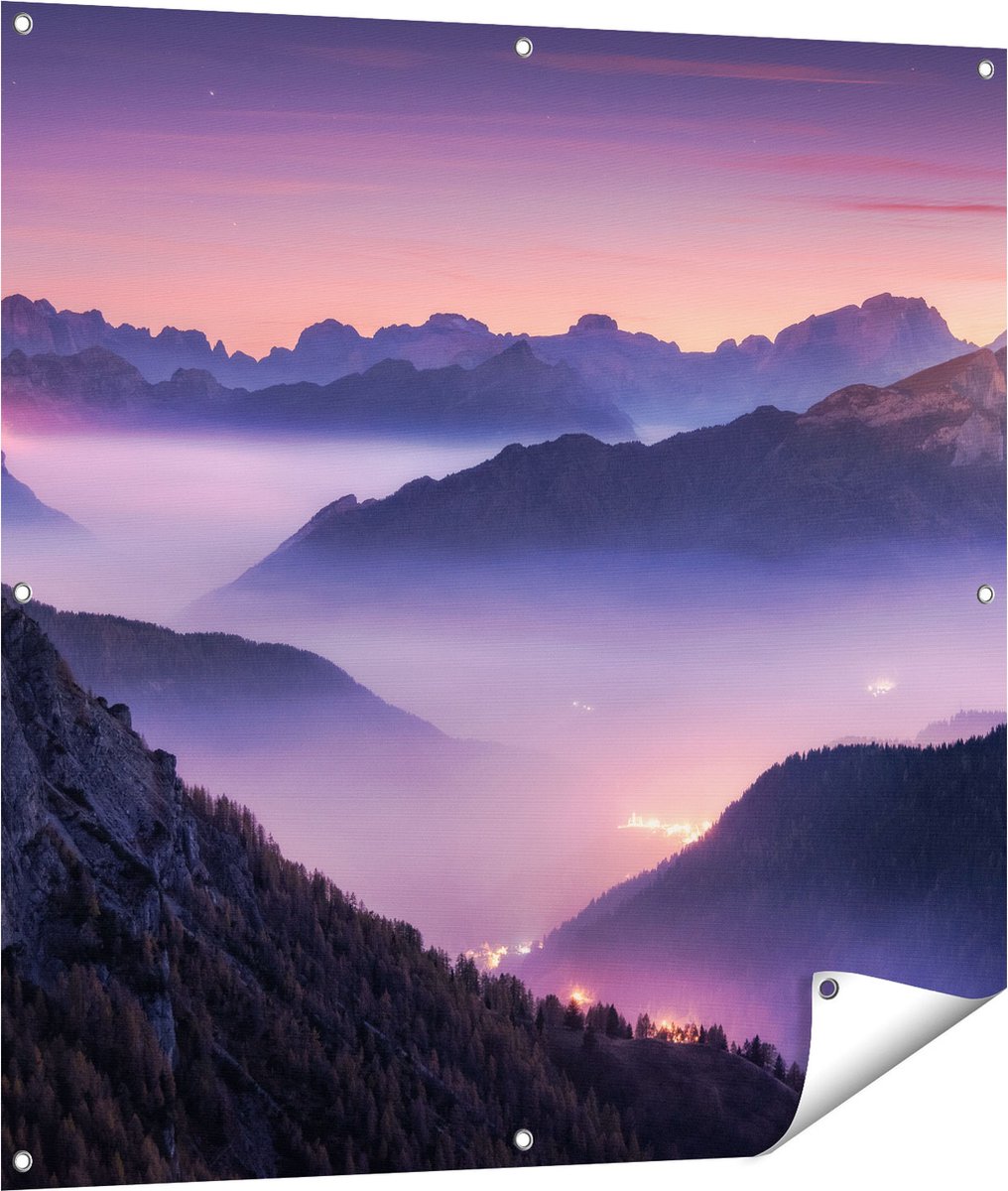 Gards Tuinposter Bergen Landschap in Itali� tijdens Zonsondergang - 100x100 cm - Tuindoek - Tuindecoratie - Wanddecoratie buiten - Tuinschilderij Multikleur