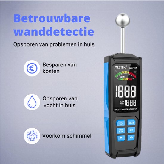 Mestek Pinless Vochtmeter 2.0 WM710A - Luxe vochtmeter voor muren - Professioneel gebruik - Hygrometer - Inclusief batterijen en opberghoes