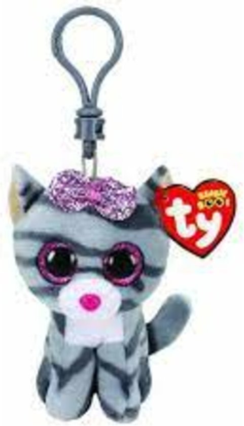 Grijze kat met zwarte strepen, paarse glitterstrik, rode TY-tag en grote roze glimmende ogen.