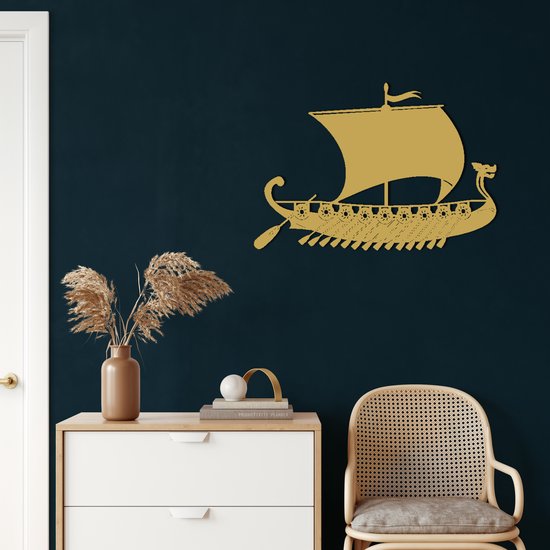 Wanddecoratie | Viking Schip / Viking Ship | Metal - Wall Art | Muurdecoratie | Woonkamer | Buiten Decor |Gouden| 118x82cm