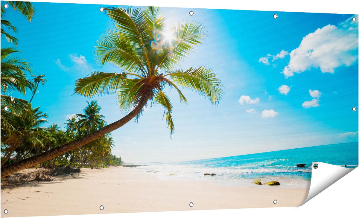 Gards Tuinposter Tropisch Strand en Zee in Sri Lanka - 160x80 cm - Tuindoek - Tuindecoratie - Wanddecoratie buiten - Tuinschilderij Multikleur