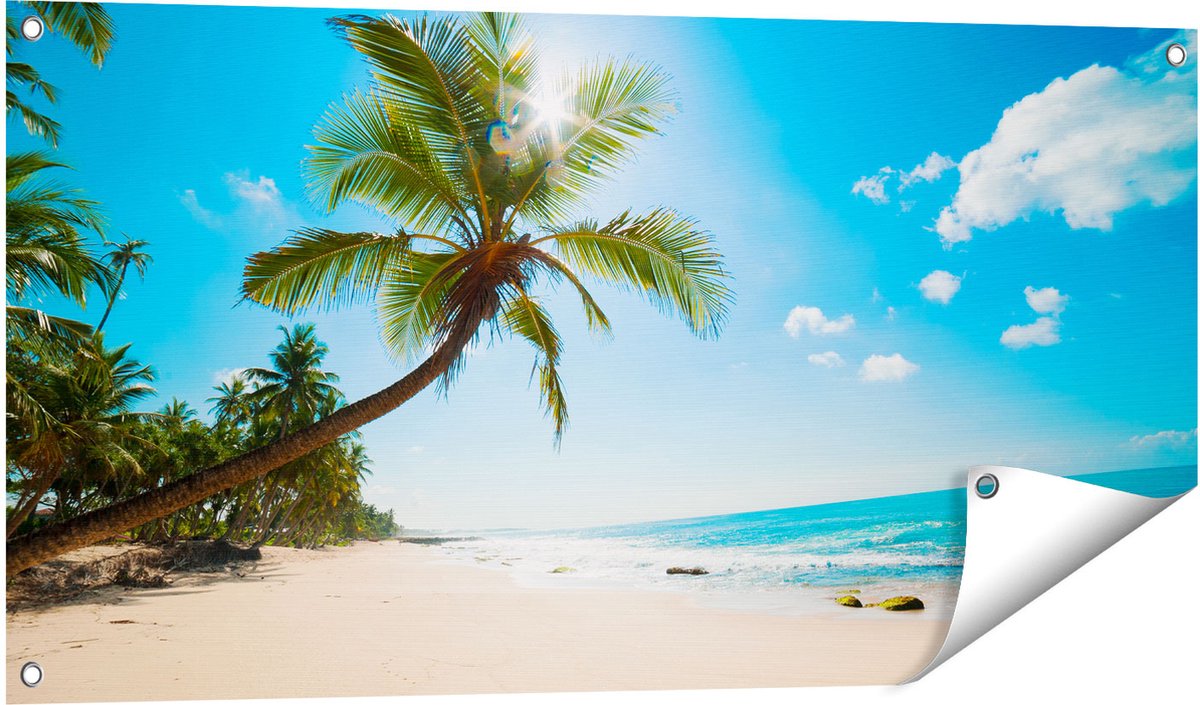 Gards Tuinposter Tropisch Strand en Zee in Sri Lanka - 100x50 cm - Tuindoek - Tuindecoratie - Wanddecoratie buiten - Tuinschilderij Multikleur
