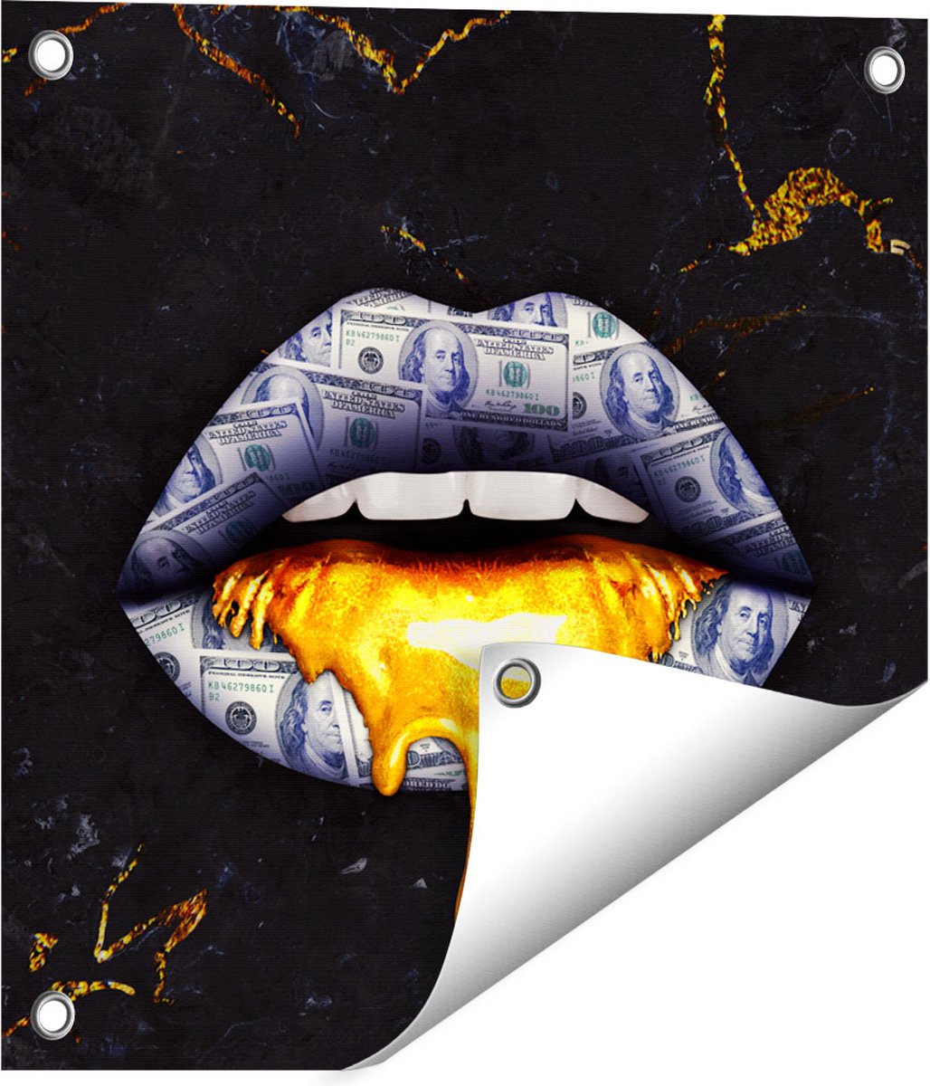 Gards Tuinposter Dollar Lippen met Goud - 40x40 cm - Tuindoek - Tuindecoratie - Wanddecoratie buiten - Tuinschilderij Multikleur