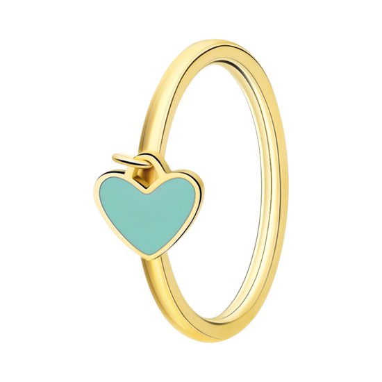 Lucardi Kinder Stalen goldplated ring met hart emaille mint - Ring - Staal - Goudkleurig - 16 / 50 mm