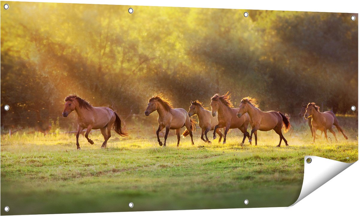 Gards Tuinposter Kudde Bruine Paarden in de Wei - 140x70 cm - Tuindoek - Tuindecoratie - Wanddecoratie buiten - Tuinschilderij Multikleur