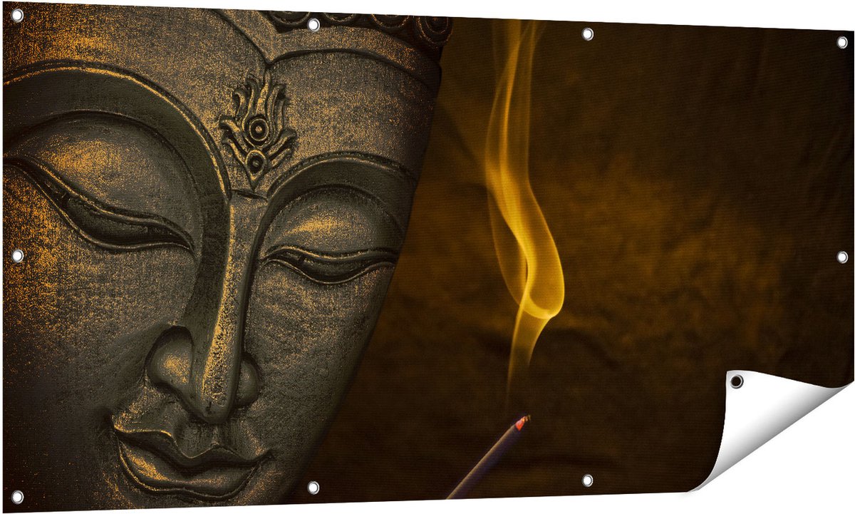 Gards Tuinposter Boeddha Beeld met Wierook - 140x70 cm - Tuindoek - Tuindecoratie - Wanddecoratie buiten - Tuinschilderij Multikleur