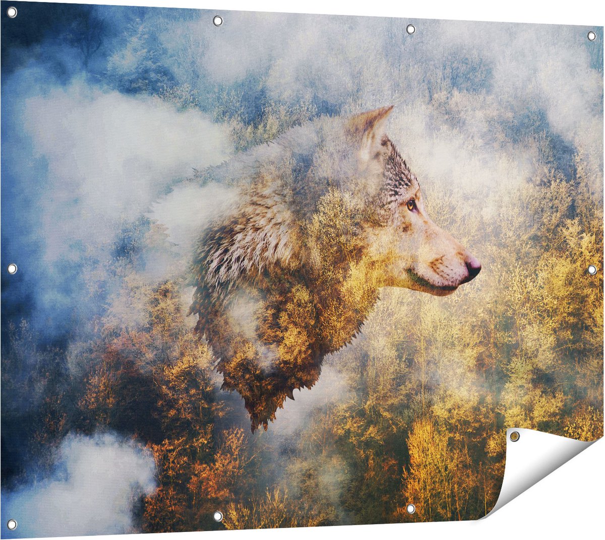 Gards Tuinposter Wolvenkop op een Herfstbos - Wolf - Abstract - 120x90 cm - Tuindoek - Tuindecoratie - Wanddecoratie buiten - Tuinschilderij Multikleur