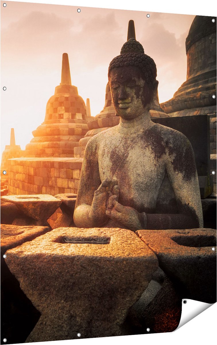 Gards Tuinposter Boeddha Beeld in een Tempel - 120x160 cm - Tuindoek - Tuindecoratie - Wanddecoratie buiten - Tuinschilderij Multikleur