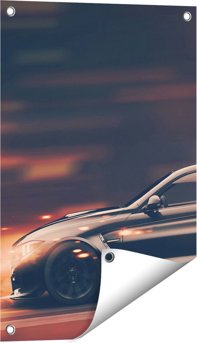 Gards Tuinposter Zwarte Sportwagen Auto met Vlammen - 40x60 cm - Tuindoek - Tuindecoratie - Wanddecoratie buiten - Tuinschilderij Multikleur