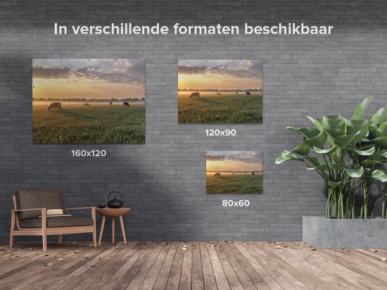 Affiche de jardin du Gards Vaches dans le pré au lever du soleil - 80x60 cm - Toile de jardin - Décoration de jardin - Décoration murale extérieur - Tableau de jardin