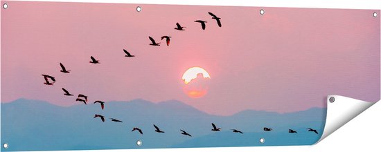 Gards Tuinposter Silhouet van Zwerm Vogels bij Zonsondergang - 150x50 cm - Tuindoek - Tuindecoratie - Wanddecoratie buiten - Tuinschilderij