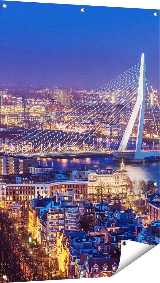 Gards Tuinposter Rotterdamse Skyline met de Erasmusbrug - 80x120 cm - Tuindoek - Tuindecoratie - Wanddecoratie buiten - Tuinschilderij Multikleur