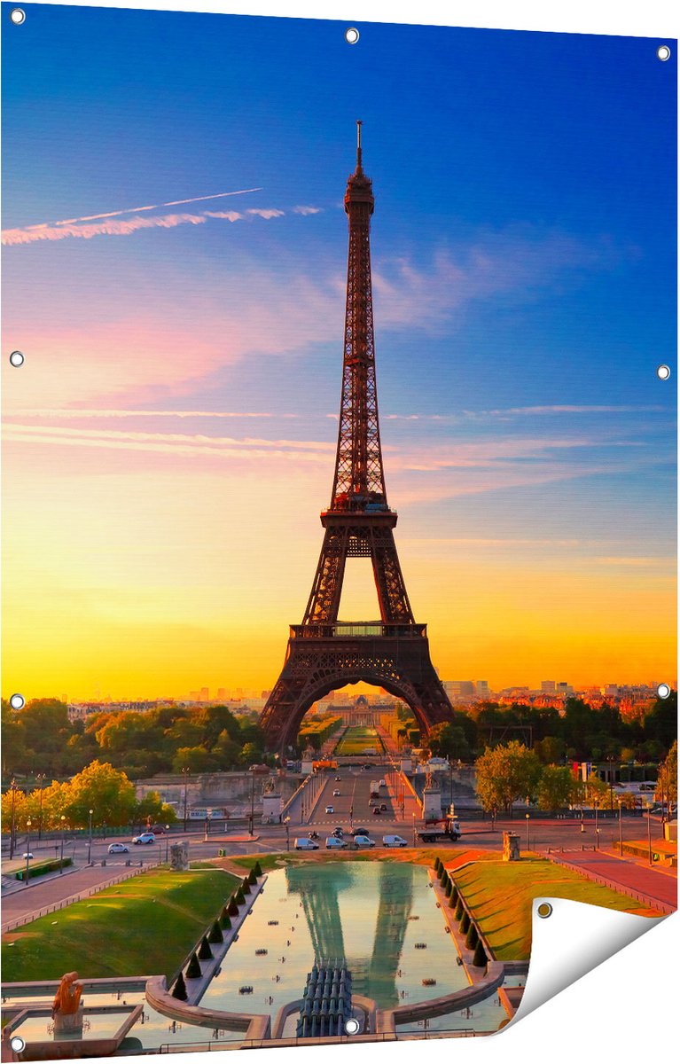 Gards Tuinposter Parijs Eiffeltoren tijdens de Zonsopkomst - 90x120 cm - Tuindoek - Tuindecoratie - Wanddecoratie buiten - Tuinschilderij Multikleur