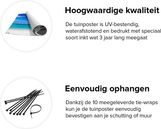 Gards Tuinposter Tropisch Strand met een Palmboom - 100x50 cm - Tuindoek - Tuindecoratie - Wanddecoratie buiten - Tuinschilderij