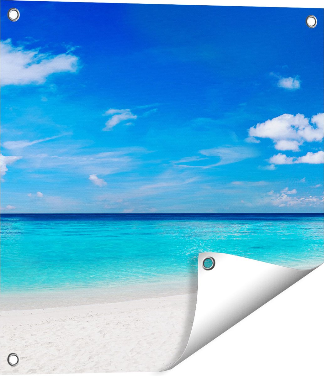 Gards Tuinposter Tropisch Strand met een Palmboom - 50x50 cm - Tuindoek - Tuindecoratie - Wanddecoratie buiten - Tuinschilderij Multikleur