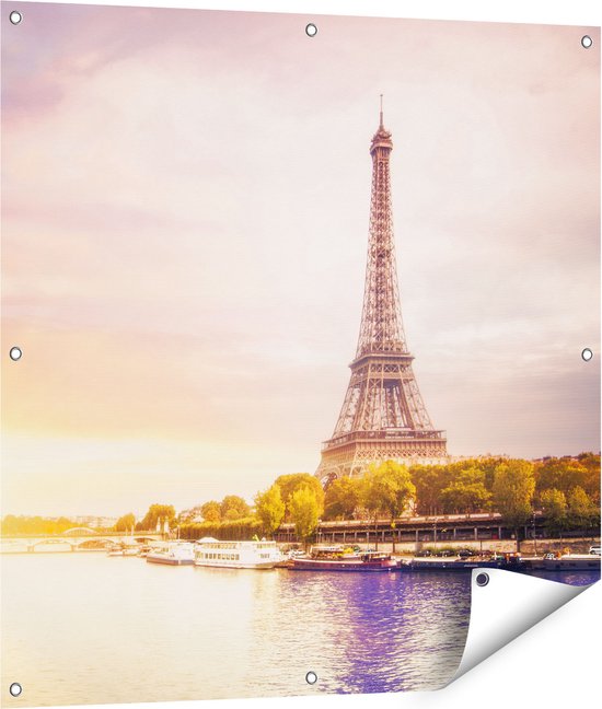 Gards Tuinposter Eiffeltoren in Parijs aan het Water - 90x90 cm - Tuindoek - Tuindecoratie - Wanddecoratie buiten - Tuinschilderij