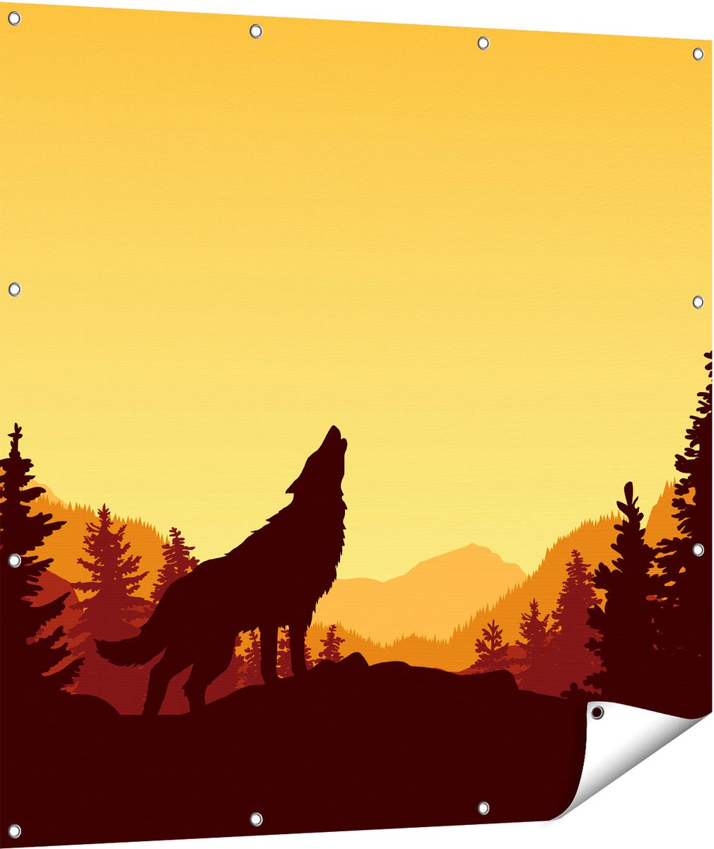 Gards Tuinposter Silhouet van een Wolf in het Bos - Abstract - 110x110 cm - Tuindoek - Tuindecoratie - Wanddecoratie buiten - Tuinschilderij Multikleur