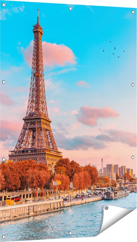 Gards Tuinposter Eiffeltoren in Parijs aan het Water - 80x120 cm - Tuindoek - Tuindecoratie - Wanddecoratie buiten - Tuinschilderij