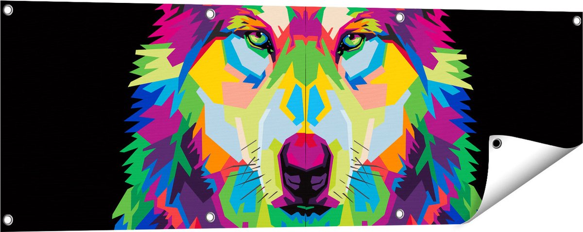 Gards Tuinposter Gekleurde Wolvenkop - Wolf - Abstract - 120x40 cm - Tuindoek - Tuindecoratie - Wanddecoratie buiten - Tuinschilderij Multikleur