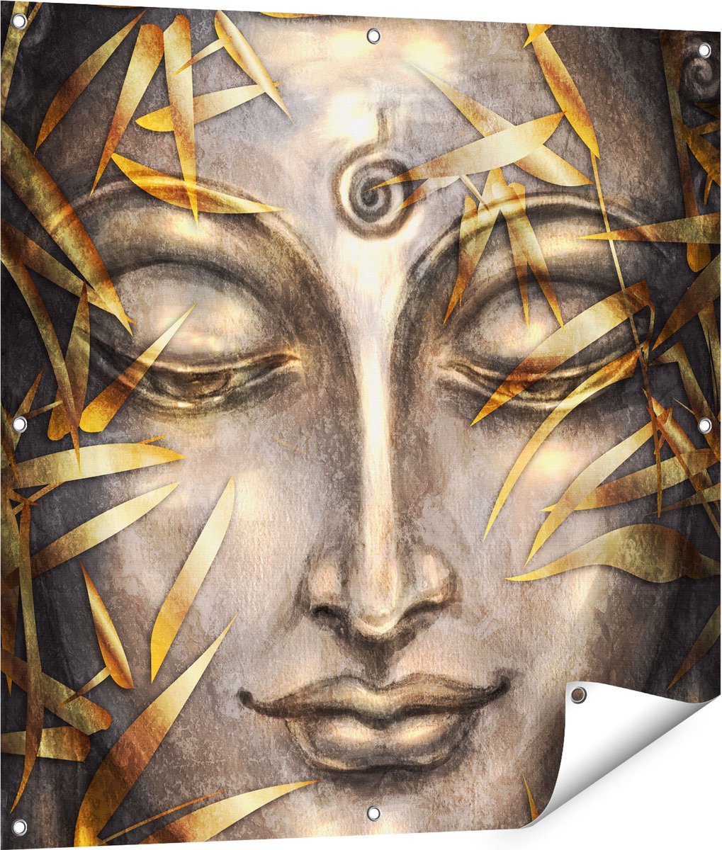 Gards Tuinposter Boeddha Beeld met Gouden Bladeren - 90x90 cm - Tuindoek - Tuindecoratie - Wanddecoratie buiten - Tuinschilderij Multikleur
