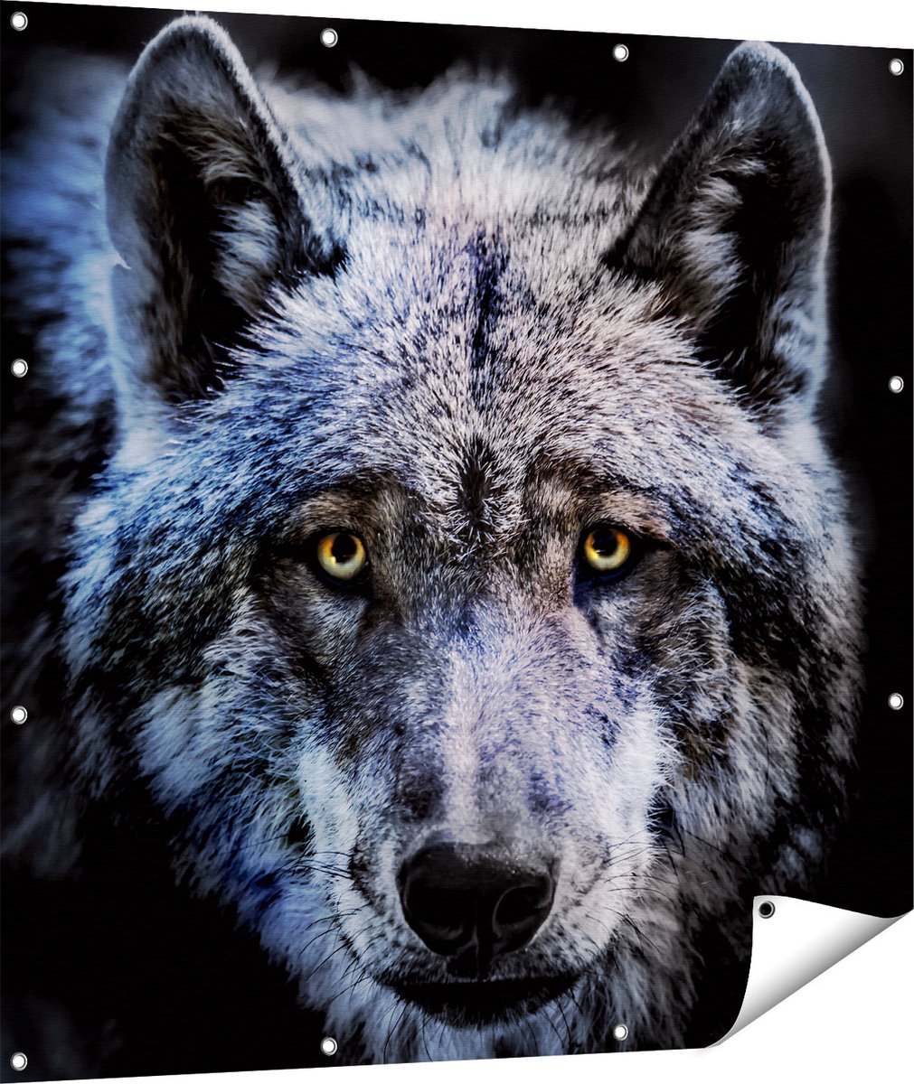 Gards Tuinposter Grijze Wolvenkop - Wolf - 110x110 cm - Tuindoek - Tuindecoratie - Wanddecoratie buiten - Tuinschilderij Multikleur