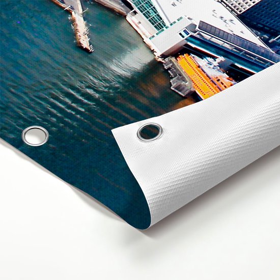 Gards Tuinposter New York Als een Eiland vanuit de Lucht - 120x40 cm - Tuindoek - Tuindecoratie - Wanddecoratie buiten - Tuinschilderij