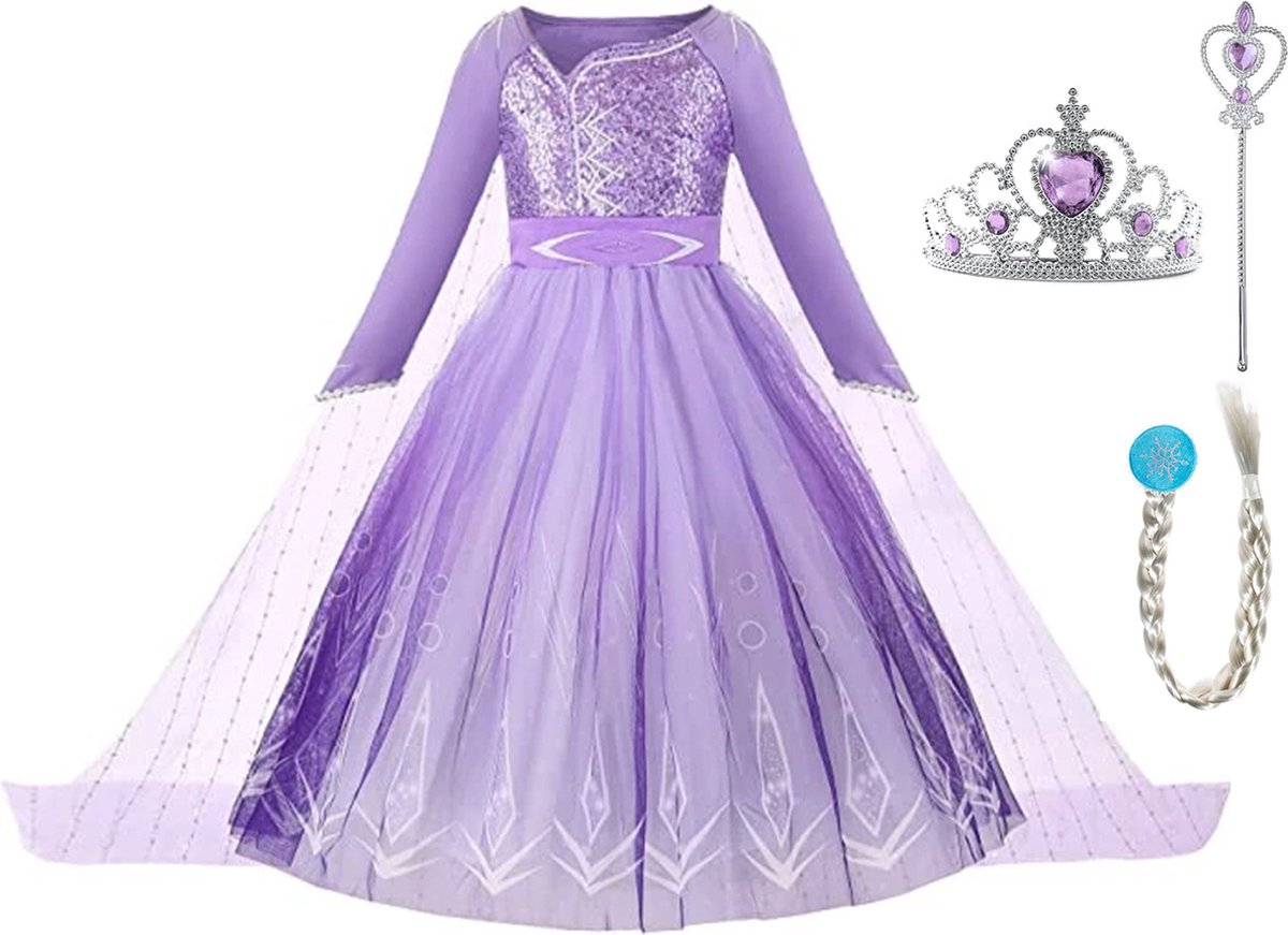 Frozen verkleedkleding - Het Betere Merk Elsa jurk - prinsessenjurk meisje - kroon - tiara - toverstaf - Elsa haar - maat 98/104