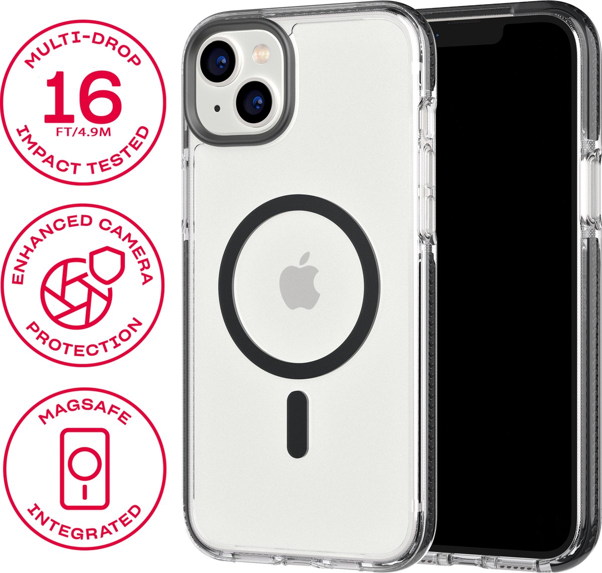 Tech21 Evo Crystal - iPhone 14 Plus hoesje - Schokbestendig telefoonhoesje - Geschikt voor MagSafe - Transparant/Zwart - 4,9 meter valbestendig - Flexshock