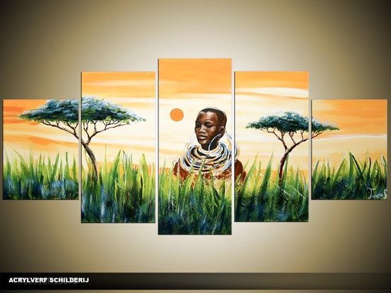 Schilderij -  Afrika - Groen, Geel, Oranje - 150x70cm 5Luik - GroepArt - Handgeschilderd Schilderij - Canvas Schilderij - Wanddecoratie - Woonkamer - Slaapkamer - Geschilderd Door Onze Kunstenaars 2000+Collectie Maatwerk Mogelijk