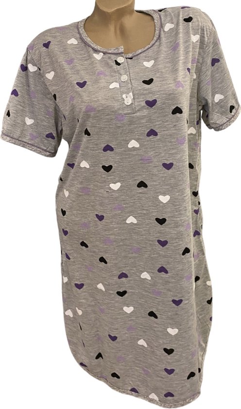 Dames nachthemd korte mouw 6507 met hartenprint L grijs/paars