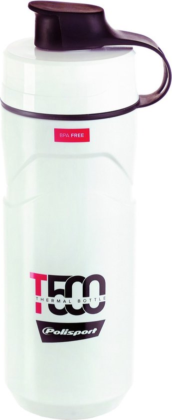 Gourde thermique blanche avec inscription rouge 'T500 THERMAL BOTTLE' et anse noire. Sans BPA.